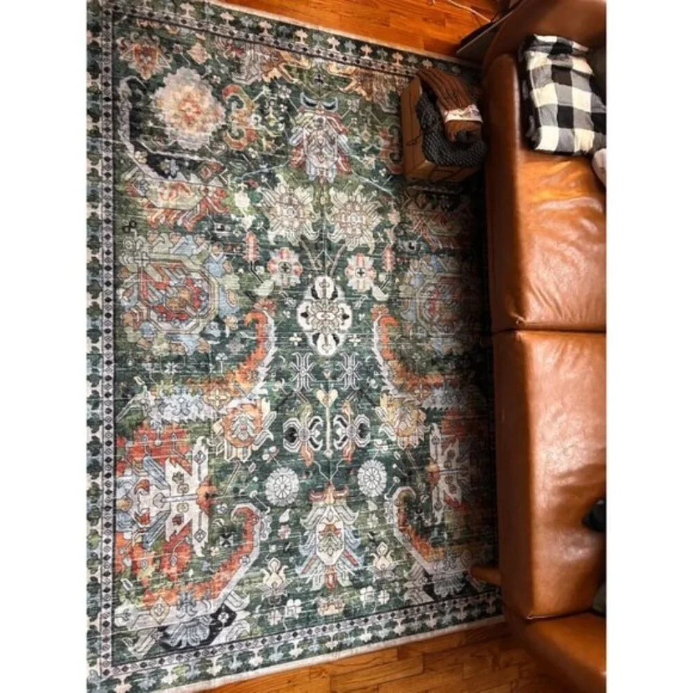 New 5x7 Green Washable Area Rug, Non-Slip Vintage Tribal Carpet for Any Room